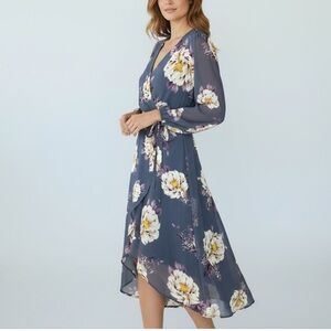 Lily Rose Floral Print Faux Wrap Dress Size L Navy Blue Cream Purple Yellow